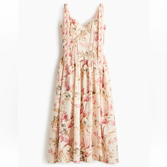 H&M Linen Blend Sleeveless Maxi Dress with Tie Shoulder Straps Floral print NWT - Picture 3 of 6